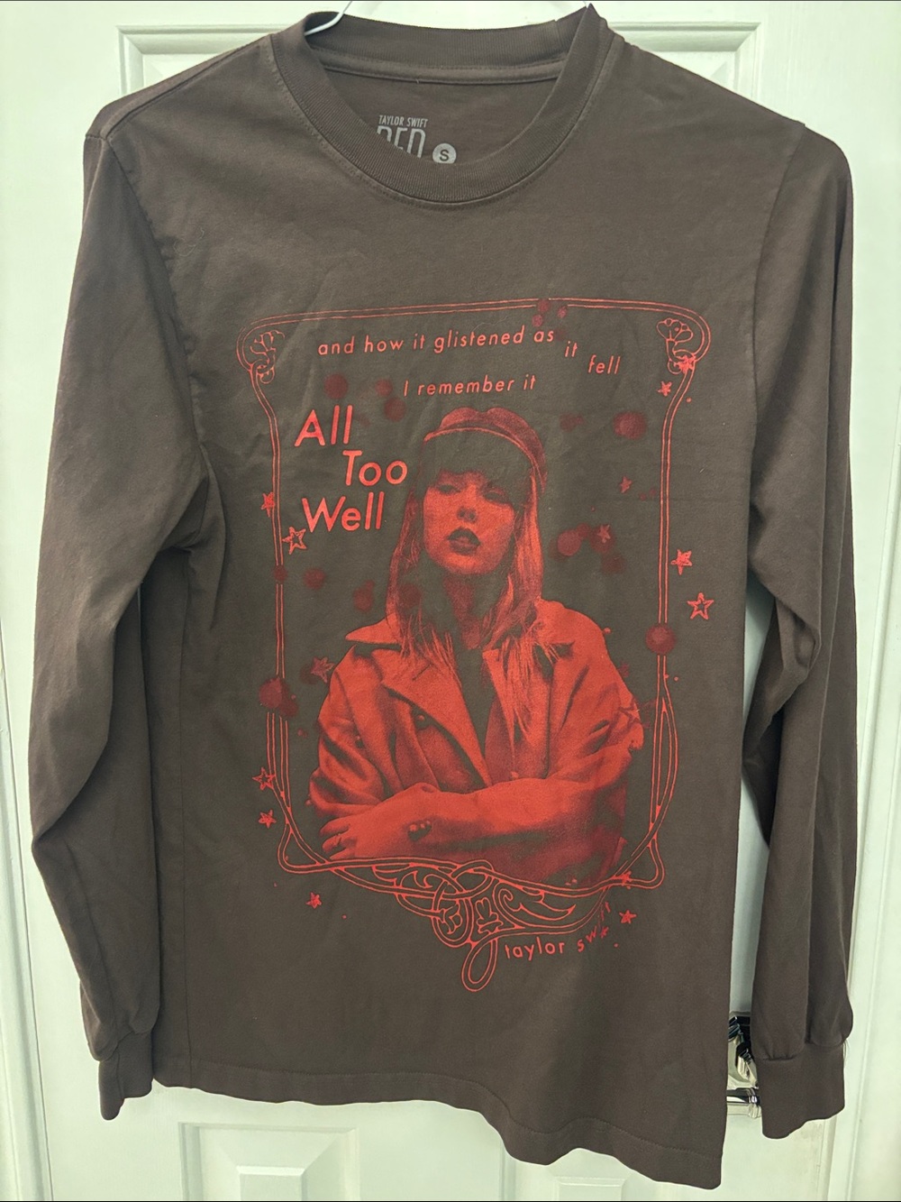 Taylor Swift Brown Long-Sleeve 'All Too Well' Graphic Tee with Red Print